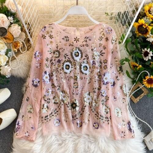 High-end Embroidery Flower Sweet Lace Sequin Bottoming Shirt Pullover Casual Round neck Long Sleeve Blouses Women