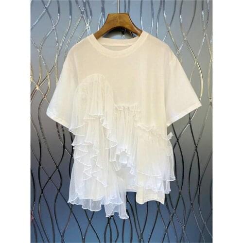 Fashion Design Ruffles Solid Women White T-Shirts Summer New 2021 Patchwork Loose Elegant Office Lady Pulls Tops Tees