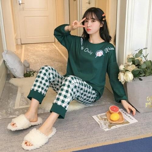 Leaf Printed Women Pajamas Full Length Two Pieces Night Wear elegant Homewear DZA095