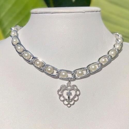 New 2021 Angel Pearl Cross Pendant Necklace For Women Punk Harajuku Hip Hop Baroque Choker Necklace Hollow Out Heart Jewelry