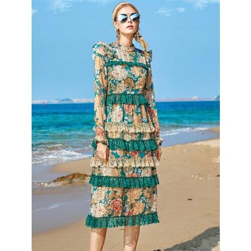 2021 summer dress womens new fashion polyester fiber and lace beaded fashion printing long-sleeved dress women