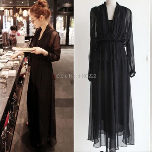 Retro Behemian Girl Women Cute Long Sleeve Chiffon Casual Lined Empire Waist Long Maxi Pleated Draped Dress Sun Beach Dress