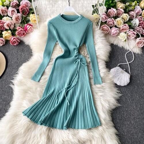 Autumn Drawstring women Knit Dress long sleeve A-line elegant Party Bottoming Sweater dress fashion casual Knee-length dresses