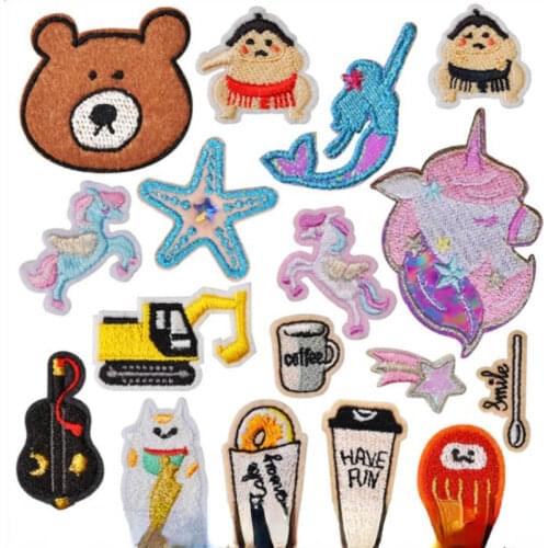 100pcs/lot Embroidery Patch Sticker Anime Sea Animal Mermaid Bear Drink Letter Clothing Decoration Sewing Accessory Diy Applique