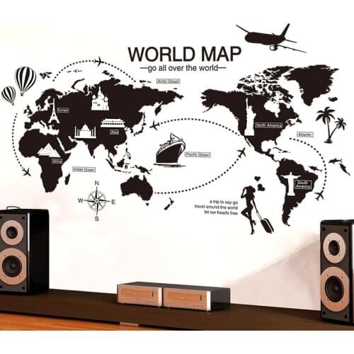 Large Size World Map Wall Stickers Black Map of The World Home Decor for Kids Room Travel Airplane Wall Decals for Bedroom