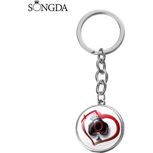 Poker Spades Q Keychain Letter Q Peach Heart Key Ring Personalized Glass Dome 3D Pendant Car Key Chain for Men Jewelry Wholesale