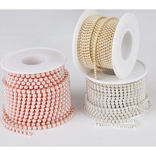 2mm 3mm 10yards Gold Pearl Rhinestone Cup Chain Glass Dense Rhinestone ABS Pearl Chain Trim Apparel Cup Chain For Garment