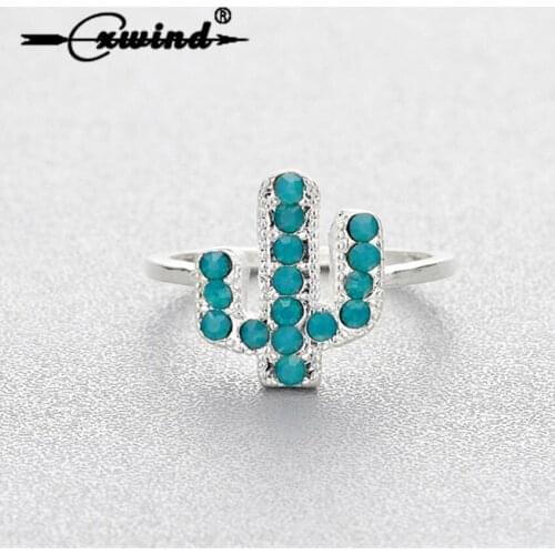 Cxwind Bohemia Crystal Zircon Cactus Rings For Women Beach Party BFF Jewelry Gift Cacti Tree Plant Finger Ring