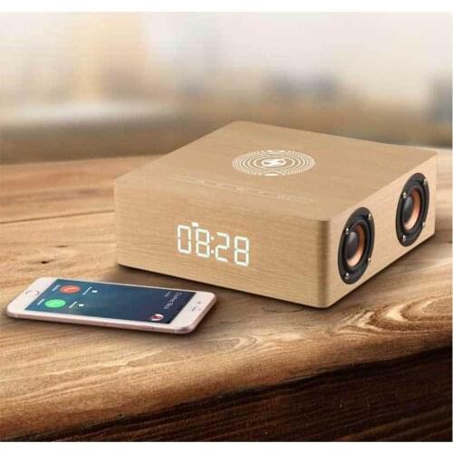 Wireless speaker TF with wireless charger LED digital clock bedside alarm clock desktop stereo wooden subwoofer for Mobile PC TV