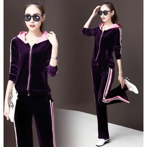 Leisure Velvet Womens 2 Pieces Outfits Zipper Hooded Tops and Spilt Sweat Pants Tracksuit Set Female Sportwear M-3XL