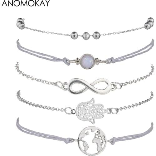 Dropshipping Simple Style Buddha Palm Map Pearl Chain Link Women Bracelet Vintage Silver Color Handmade Rope Wrap Bracelet Femme