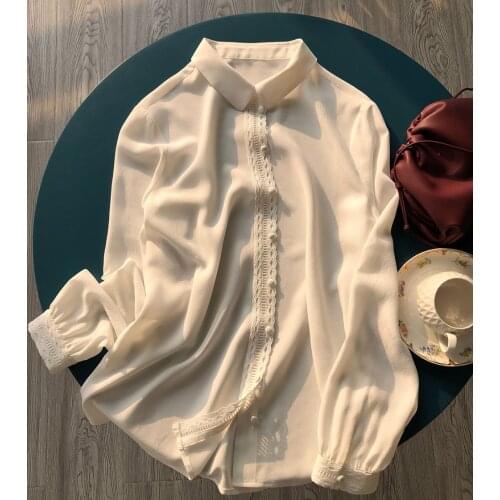 Elfbop 100% Silk Ladies Top Quality Lace Patchwork Blouse Shirt Top With Long Sleeve