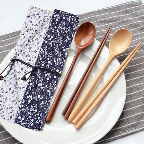 Hot Wood Reusable Portable Travel Tableware Spoon Chopsticks Cutlery Dinnerware Kit