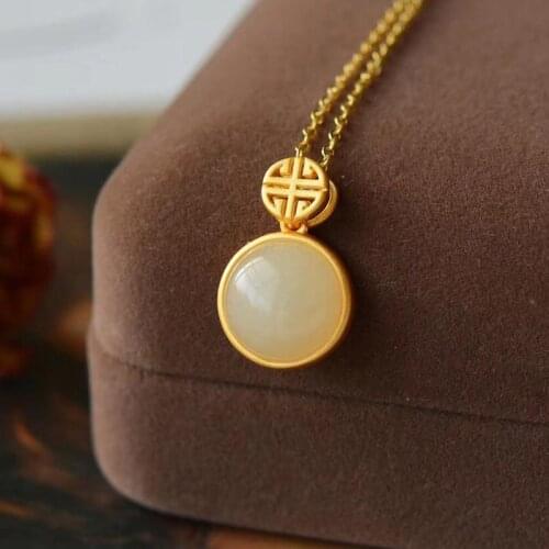 Natural Hetian Jade round Face Birthday Pendant Temperament Exquisite S925 Sterling Silver Pendant Gilding Clavicle Chain Jewelr