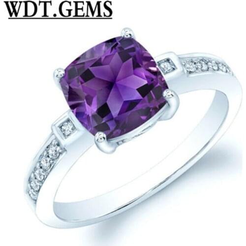 10k White Gold Natural Cushion Purple Amethyst Diamond Ring Solitaire Natural
