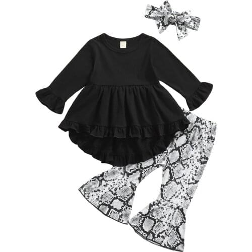 Baby Girl Autumn Clothing Sets Baby Girls Clothes Solid Long Sleeve Ruffle Top Snakeskin Pants Headband 3pcs Outfits Sets 0-5T