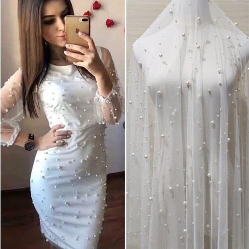 Beautiful Pearls Tulle Fabric for Party Wedding Dress Veil Decoration DIY Handmake Pearl Mesh Fabrics 100*160cm