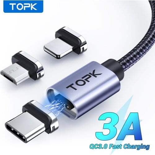 TOPK 3A Fast Charging Magnetic Micro USB Type C Cable Magnet Charger Data Charging Wire Mobile Phone Cable Cord for iPhone 12