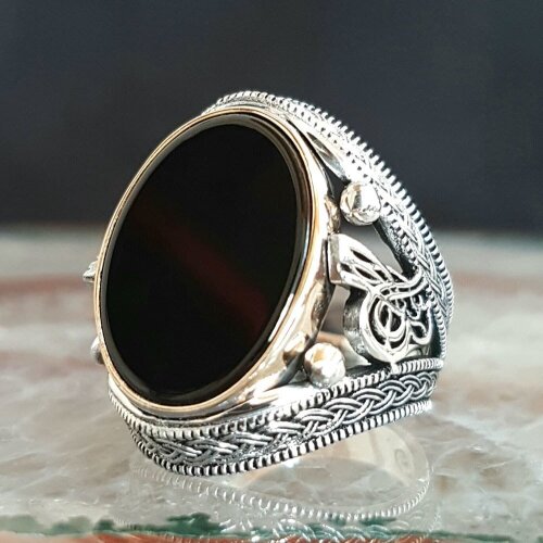 925 sterling Silver Ottoman Tuğralı Onyx Stone Men 'S Ring