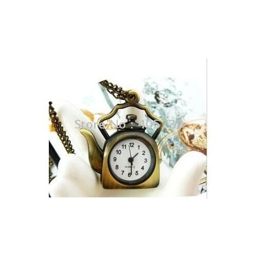 New Arrival Teapot Pendant Fashion Necklace quartz Watch Vintage Bronze Chain Jewelcy Pocket Watch 12pcs/lot Free Shipping