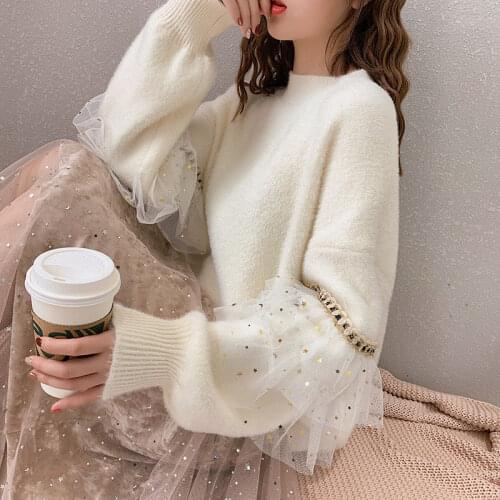 Lantern sleeve mesh gauze 2021 new loose western style sweater schoolgirl small fragrance wind mink knitted jumper