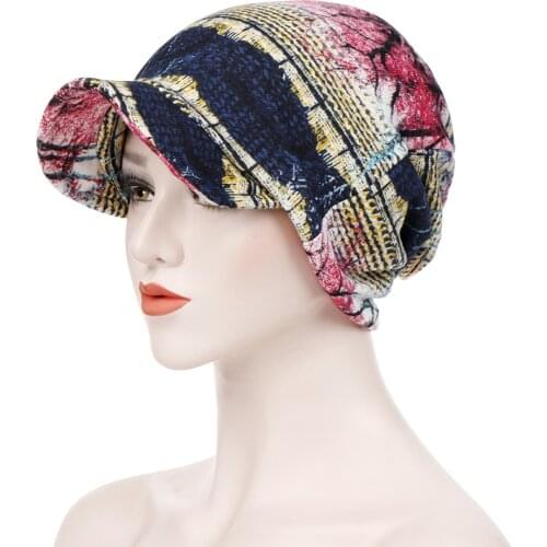 Womens Print Beanies Hat Female Autumn Winter Cotton Baseball Hats Ponytail Vintage Warm Turban Cap Baseball Hat Visors Caps