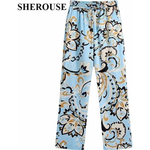 SHEROUSE 2021 Women Fashion Printed Elastic Pants Hight-waist Wide leg Vintage Female Trousers woman Pants pantalon pour femme