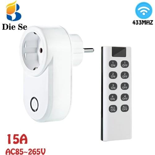 Smart Socket EU Plug Wireless Remote Control and 433mhz Transmitter 220V 15A Programmable Electrical Outlet Switch for LED