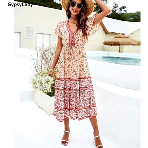 GypsyLady Floral Printed Vintage Maxi Dress Boho Summer Holiday Dresses Women Pink Button Front Chic Ladies Female Dress 2021