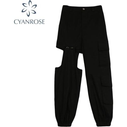 Women Streetwear Cargo Pants Black 2020 Autumn Korean Style Pocket Patchwork Female Loose Fashion High Waist Haren Pants Women