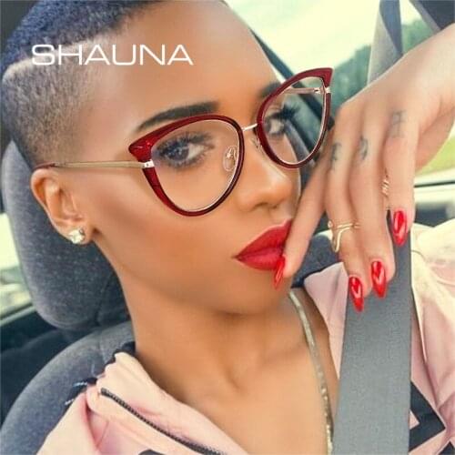 SHAUNA TR90 Metal Cat Eye Glasses Frame Women Fashion Clear Anti Blue Light Spring Hinge Men Leopard Eyeglasses Frame