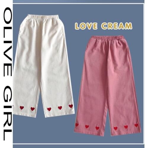 2021 Female Straight Wide Leg Pants Baggy Elastic High Waist Love Heart Embroidery Pants Women Casual Trousers For Teens Girls