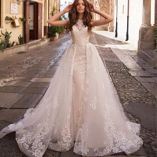 Vestido De Noiva Mermaid Wedding Dresses with Detachable Train Lace Applique Elegant Bridal Dress for Women 2020 Robe De Mariee