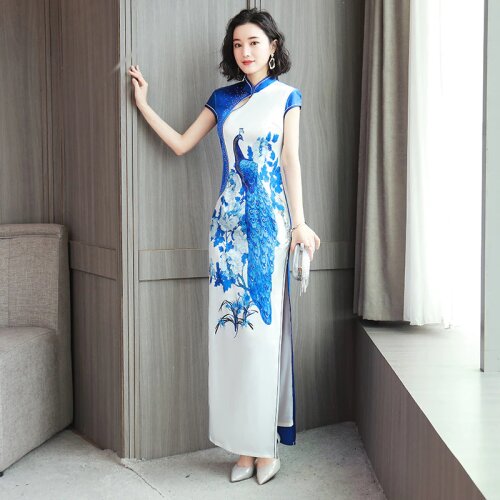 Women Classic Blue White Cheongsam Evening Dress Short Sleeve Stage Show Print Peacock Rhinestone Qipao Plus Size 5XL