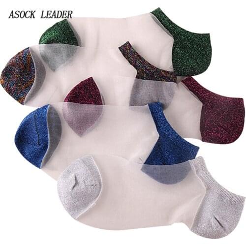 10 Pairs/Lot 9 Colors Spring&Summer New Womens Crystal Wire Glass Socks Breathable Socks Invisible Trendy Boat Socks
