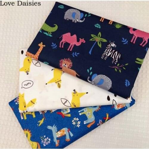 100% Cotton Twill DARK BLUE WHITE Cartoon Zoo Animals Yellow Fox Lucky Horse Fabric for Bedding Sheet Apparel Handcraft Decor