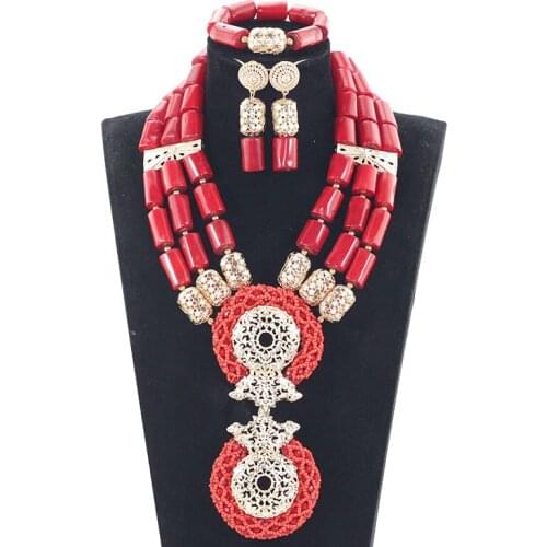 2017Splendid Red and Gold Nigerian Wedding Coral Beads Jewelry Set Dubai Indian Bridal African Coral Jewelry Sets Original JB038