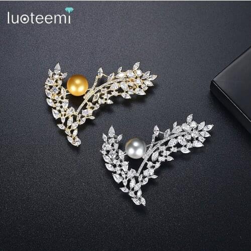 LUOTEEMI Gold Wheat Ears Women Brooches Summer New Arrival Friend Imitation Pearl Jewelry Brooch Pin High Quality Cubic Zirconia
