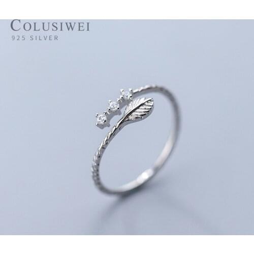 COLUSIWEI Genuine 925 Serling Silver Simple Leaves Ring for Women Sparkling Clear CZ Free Size Rings Korea Style Fine Jewelry