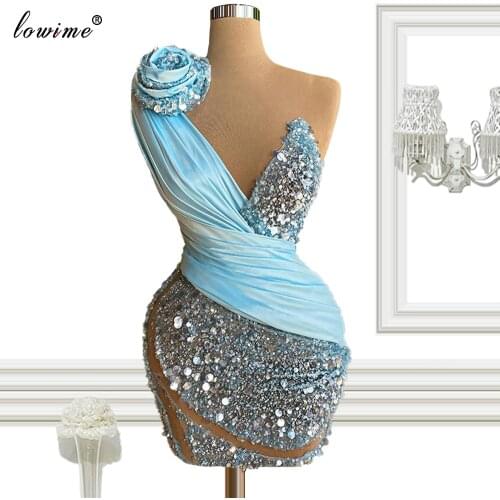 Baby Blue Short Cocktail Dresses Mermaid Sparkly Sequins Prom Party Dresses Sleeveless Beach Evening Gowns Robes De Cocktail