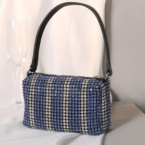 Designer Blue/White Small Shoulder Handbag For Phone Case Fashion Long Chain Diamond Rhinestone Evening Clutch For Women Purses