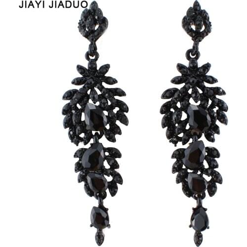 Jiayijiaduo Crystal Teardrop Long Earrings Black Color Chandelier Hanging Vintage Earrings Bridal Wedding Jewelry for Women
