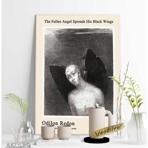 Odilon Redon Pastel Painter Exhibition Museum Poster The Fallen Angel Spreads His Black Wings Black White Art Prints Home Decor