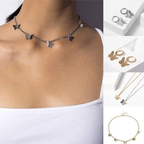 Tiny Single Layer Clavicle Chain Necklace Temperament Super Fairy Butterfly Necklace Hoop Earring Jewelry Set Friendship Gift