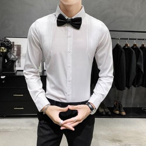 Mens Sloid Shirts Wedding Shirt Tie for Mens 2021 New Slim Fit Formal Dress Chemise Homme Casual Long Sleeve Blouse Homme