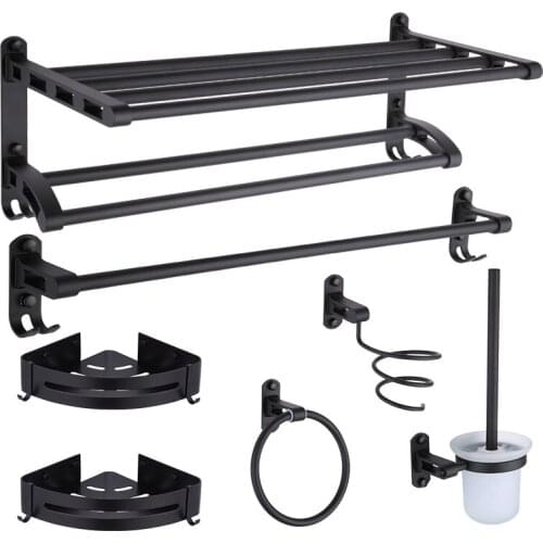 Bath Hardware Set Aluminum Towel Rack Towel Bar Corner Shelf Robe HooksToilet Brush Holder Nail Punched Black Free Shipping