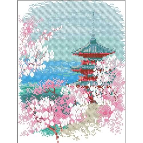 Sakura Tower scenery patterns counted 11CT 14CT 18CT Cross Stitch Sets DIY Chinese Cross-stitch Kits Embroidery Needlework