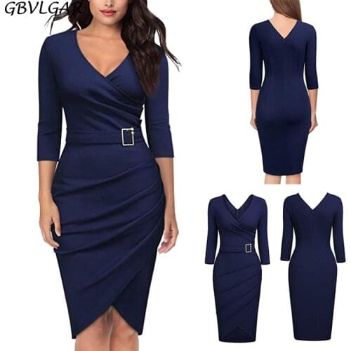 Solid Color Women V Neck 3/4 Sleeve High Waist Belted Irregular Pencil Dress Autumn Bodycon Knee-Length DressPlus Size vestidos