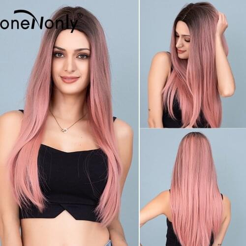 OneNonly Long Straight Ombre Pink Synthetic Wigs with Dark Roots Middle Part for Women Cosplay Natural Hair Heat Resistant