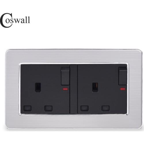 COSWALL Stainless Steel Panel 2 Gang 13A UK / British Standard Switched Socket With Neon Grounded With Children Protective Door
